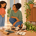 A calm caregiver listens to a child beside a broken plant pot before they repair the mishap together.