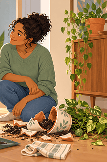 A calm caregiver listens to a child beside a broken plant pot before they repair the mishap together.
