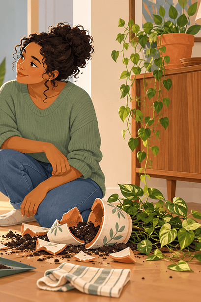 A calm caregiver listens to a child beside a broken plant pot before they repair the mishap together.