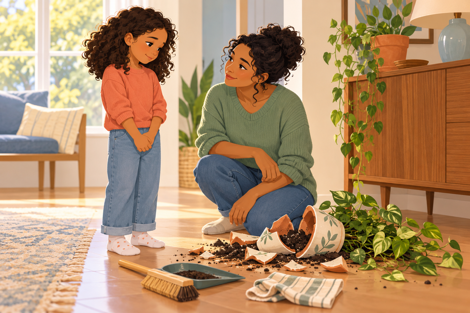 A calm caregiver listens to a child beside a broken plant pot before they repair the mishap together.