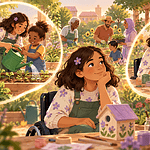 A wheelchair-using child considers helping in a community garden while also working on a creative project.