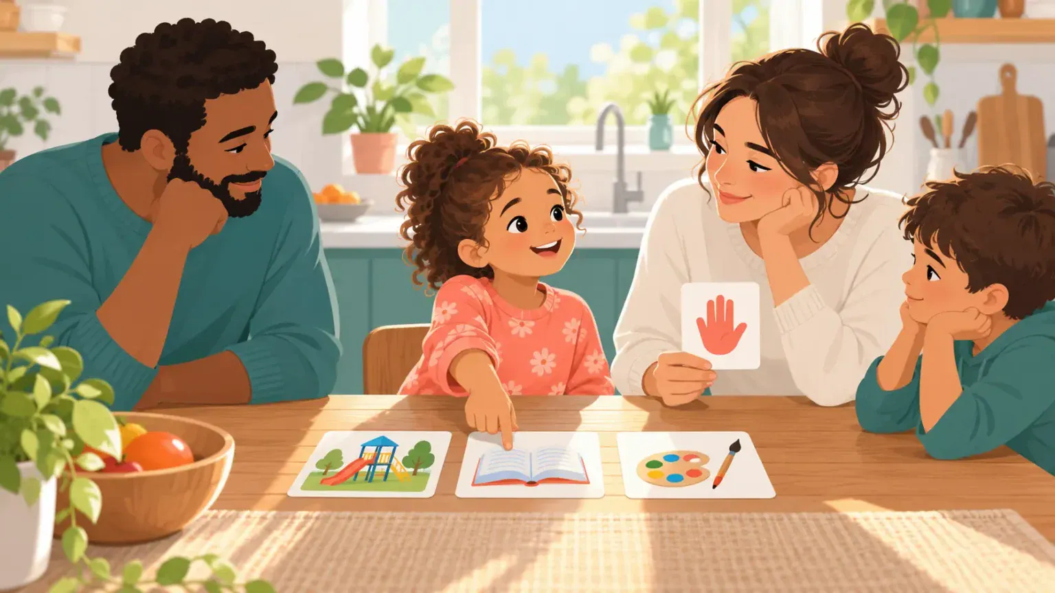 Family listening as a child shares preferences for a family decision