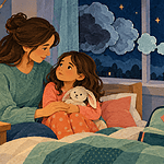 A child shares a bedtime worry with a caregiver as paper clouds shrink toward the moon.