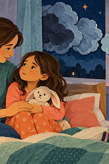A child shares a bedtime worry with a caregiver as paper clouds shrink toward the moon.