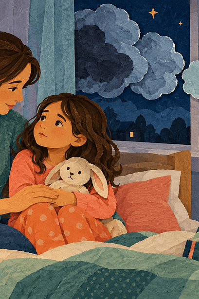 A child shares a bedtime worry with a caregiver as paper clouds shrink toward the moon.