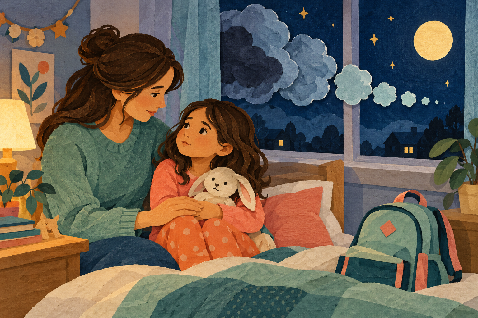 A child shares a bedtime worry with a caregiver as paper clouds shrink toward the moon.