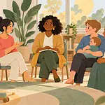 A diverse circle of parents listens to one another in a welcoming community room