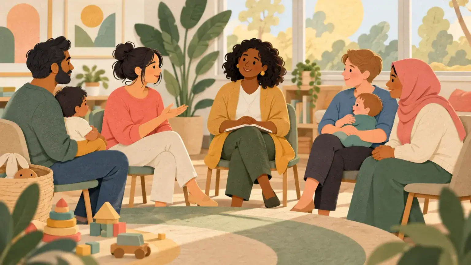 A diverse circle of parents listens to one another in a welcoming community room