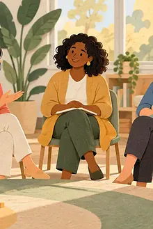 A diverse circle of parents listens to one another in a welcoming community room