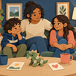 Two siblings sit with a parent after a conflict, with a repaired toy and simple reflection cards on the table.