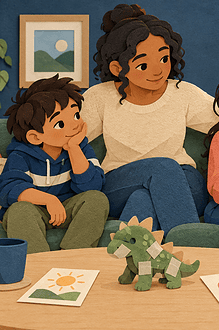 Two siblings sit with a parent after a conflict, with a repaired toy and simple reflection cards on the table.