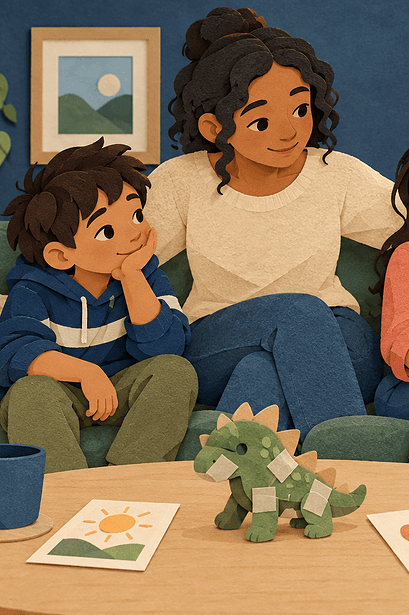 Two siblings sit with a parent after a conflict, with a repaired toy and simple reflection cards on the table.