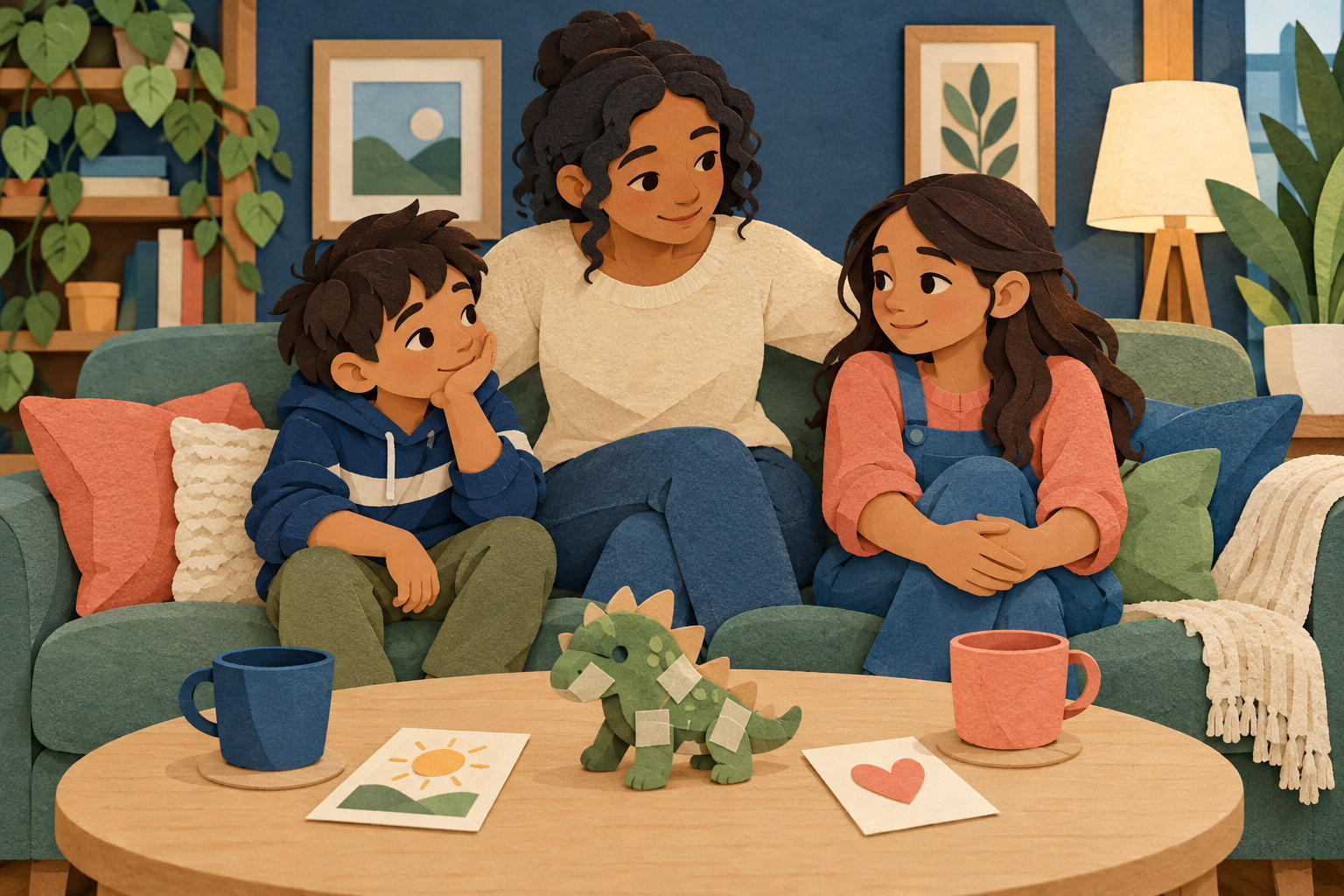 Two siblings sit with a parent after a conflict, with a repaired toy and simple reflection cards on the table.