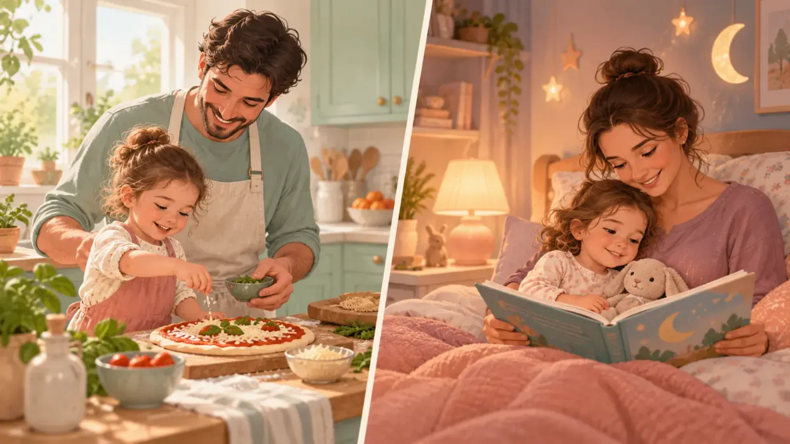 Two co-parents confidently caring for their child in separate routines