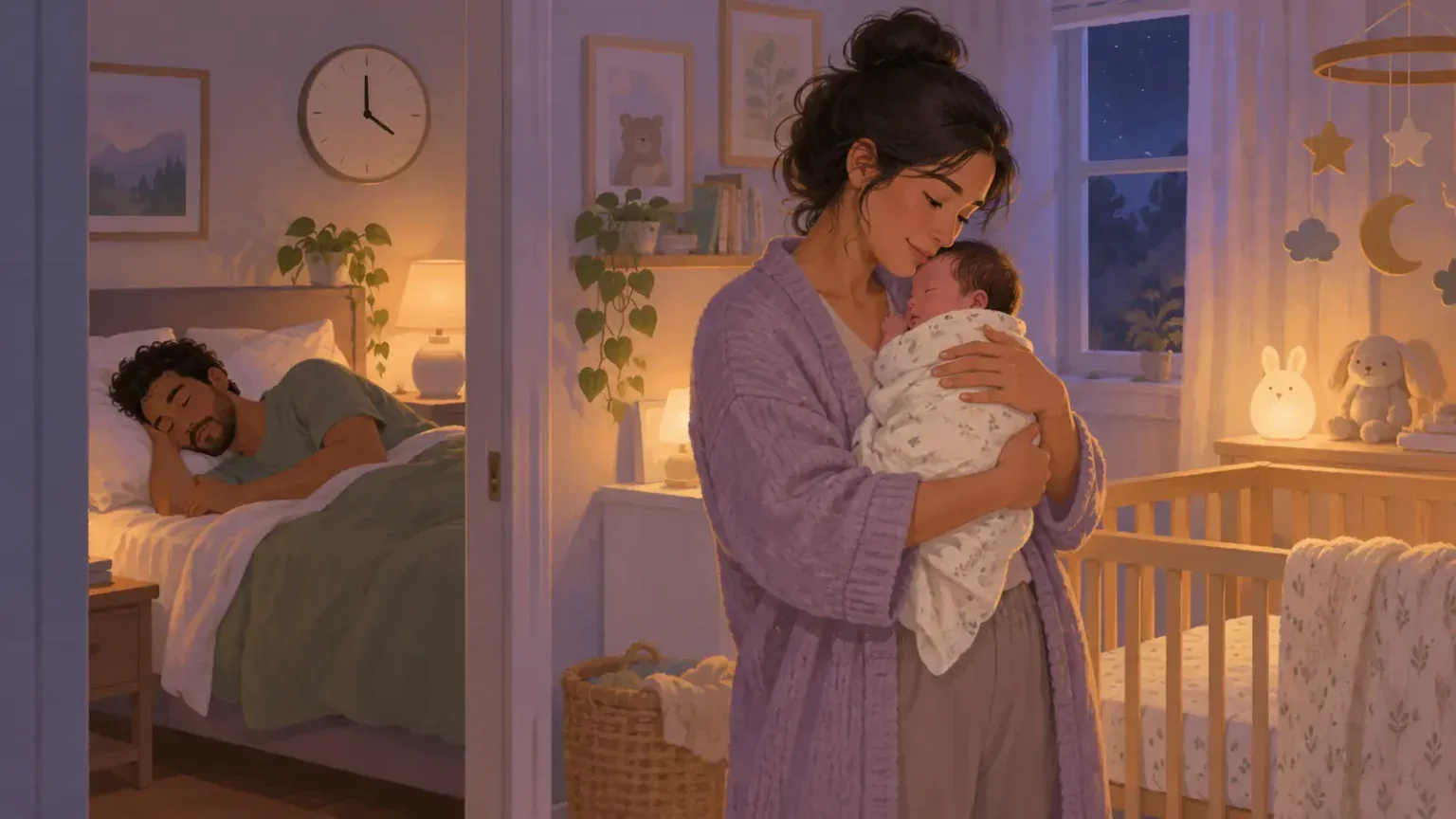 Two co-parents sharing newborn night care while one rests