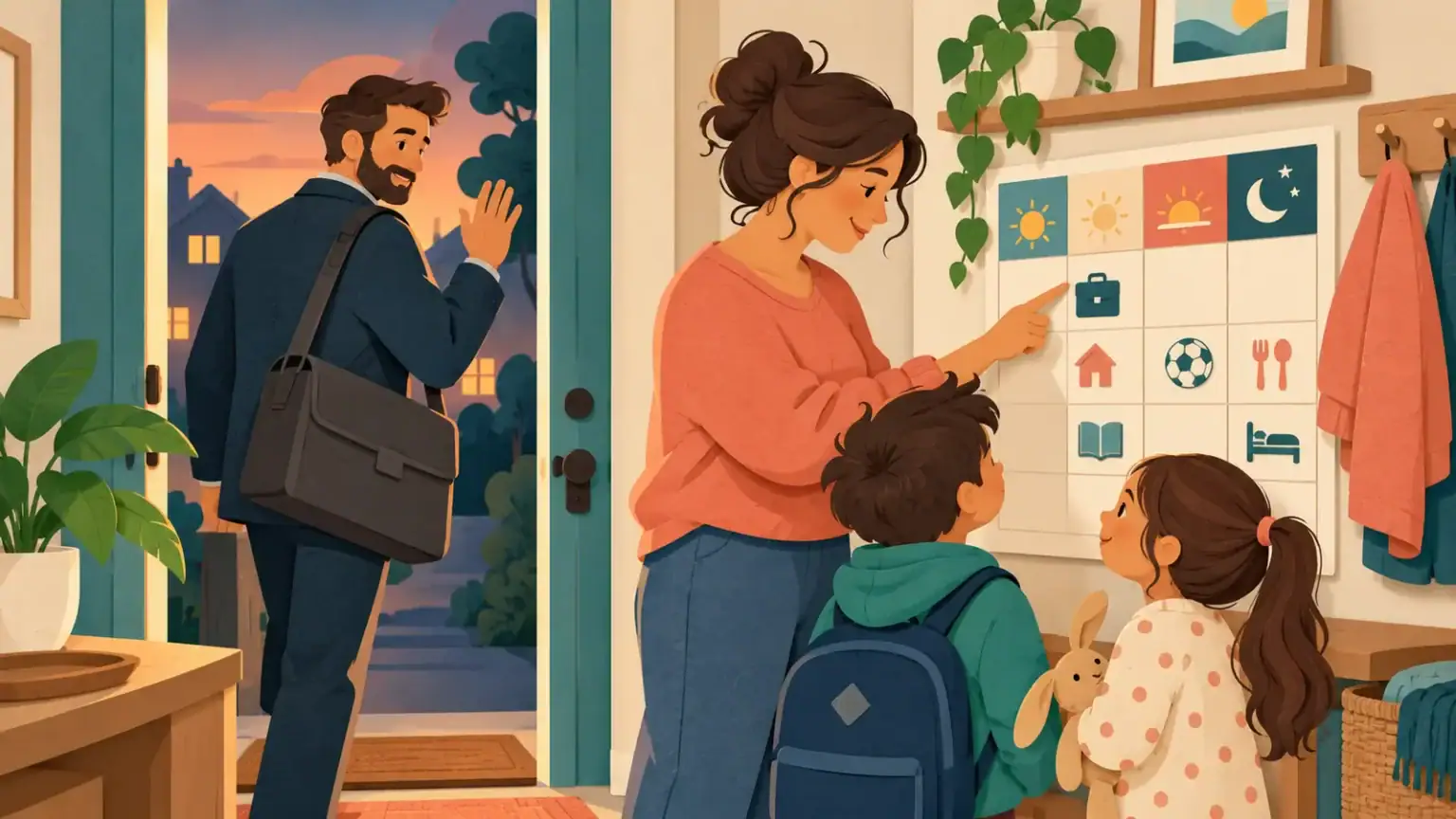 A family coordinating childcare around a parent’s work shift