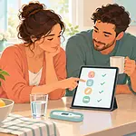 Co-parents reviewing a shared care log while their child rests