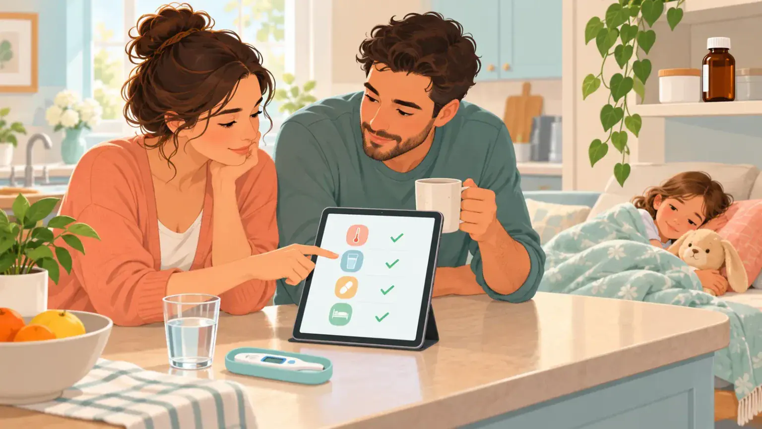 Co-parents reviewing a shared care log while their child rests