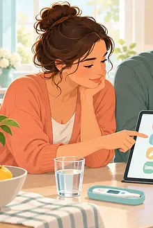 Co-parents reviewing a shared care log while their child rests