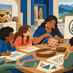 A child and caregiver learning from community-made art, books and textiles at a cultural centre