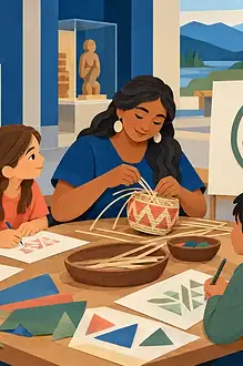 A child and caregiver learning from community-made art, books and textiles at a cultural centre