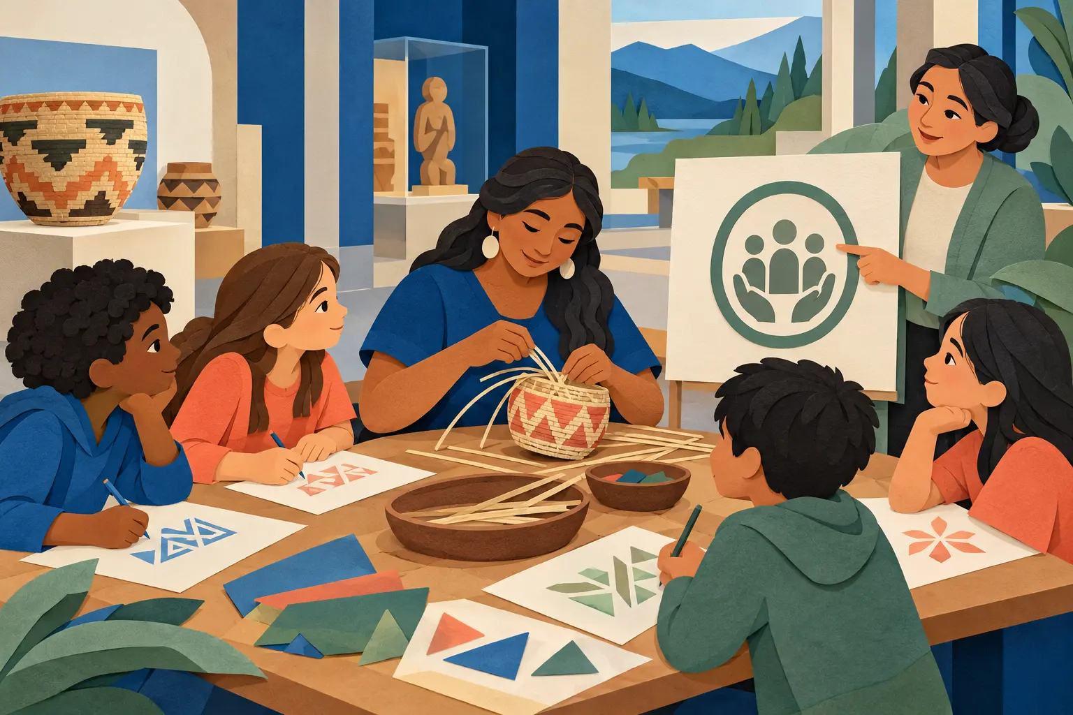 A child and caregiver learning from community-made art, books and textiles at a cultural centre