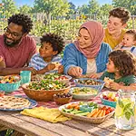 Families from different backgrounds sharing food and conversation in a community garden