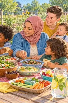 Families from different backgrounds sharing food and conversation in a community garden