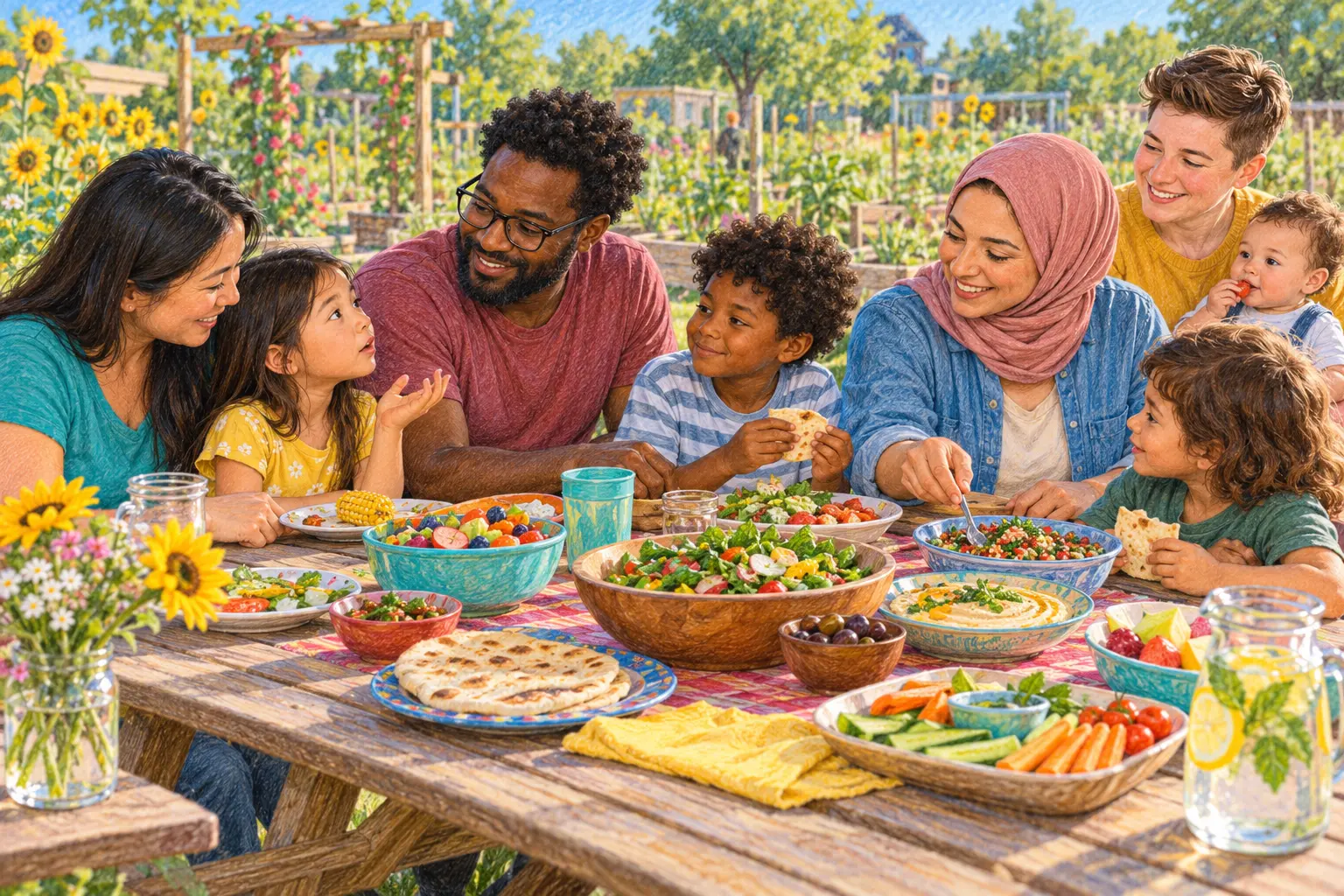 Families from different backgrounds sharing food and conversation in a community garden