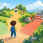 Child choosing between an independent path, asking an adult and a blocked unsafe route