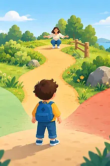 Child choosing between an independent path, asking an adult and a blocked unsafe route