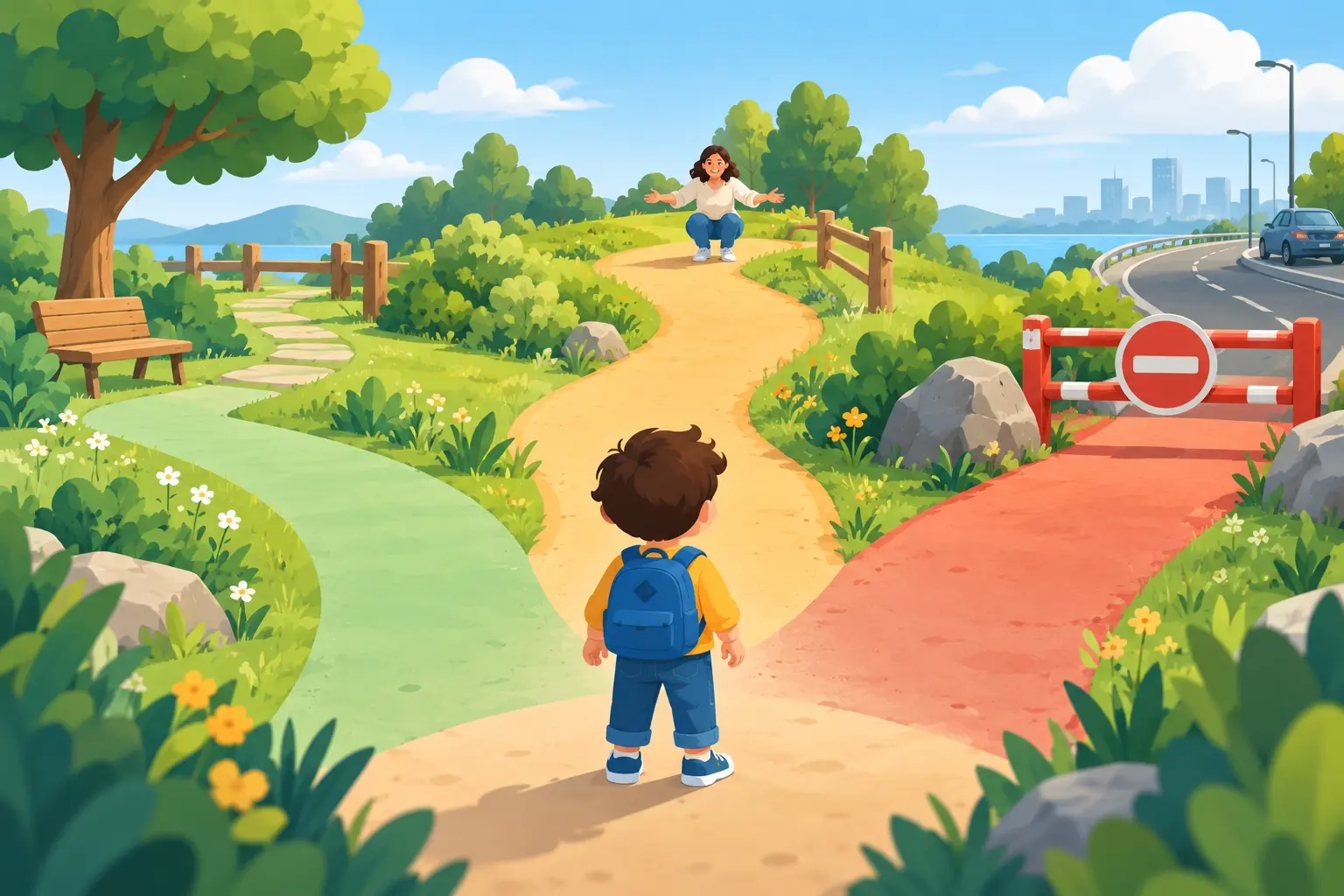 Child choosing between an independent path, asking an adult and a blocked unsafe route