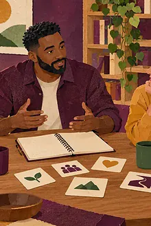 A father discusses a decision with three trusted adults while his child plays nearby