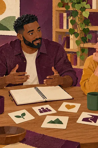 A father discusses a decision with three trusted adults while his child plays nearby