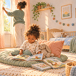 A toddler looks at picture books during quiet rest while a caregiver adjusts the curtains.