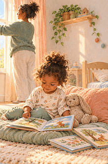 A toddler looks at picture books during quiet rest while a caregiver adjusts the curtains.
