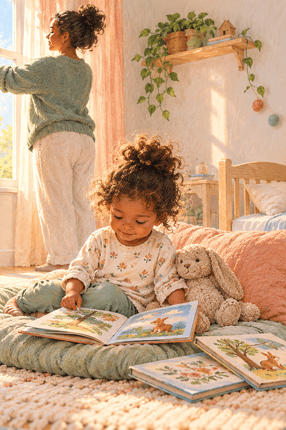 A toddler looks at picture books during quiet rest while a caregiver adjusts the curtains.