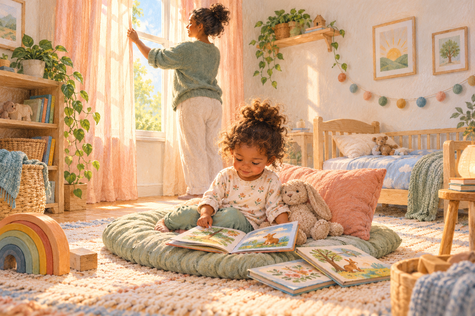 A toddler looks at picture books during quiet rest while a caregiver adjusts the curtains.