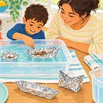 Children test a foil boat with coins in a basin of water
