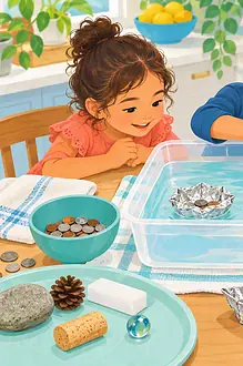 Children test a foil boat with coins in a basin of water