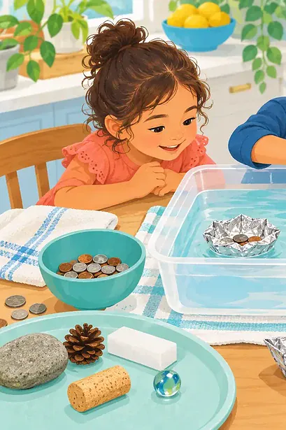 Children test a foil boat with coins in a basin of water