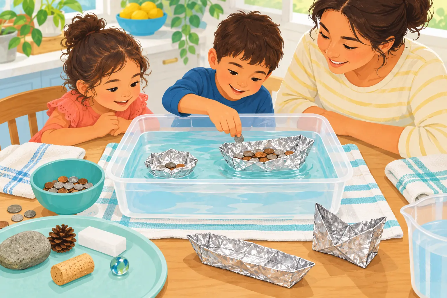 Children test a foil boat with coins in a basin of water