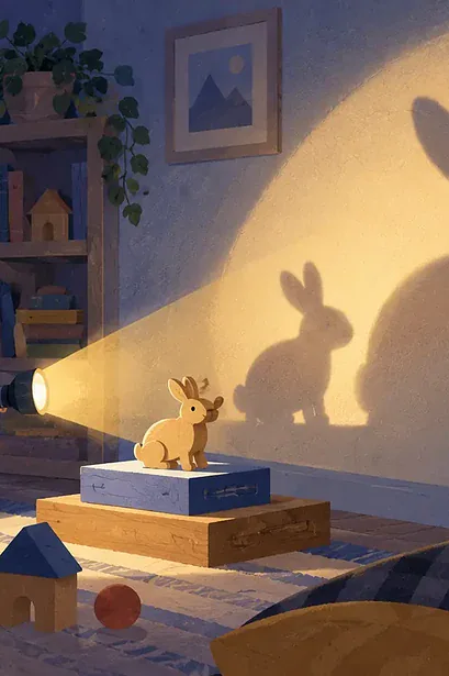 Children investigate changing shadows using a lamp and toy figure