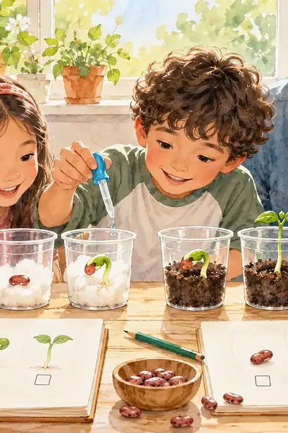 A child compares sprouting seeds in clear cups with and without soil