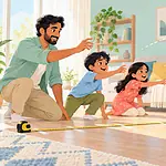 A family measures paper airplane flights along a marked indoor test lane