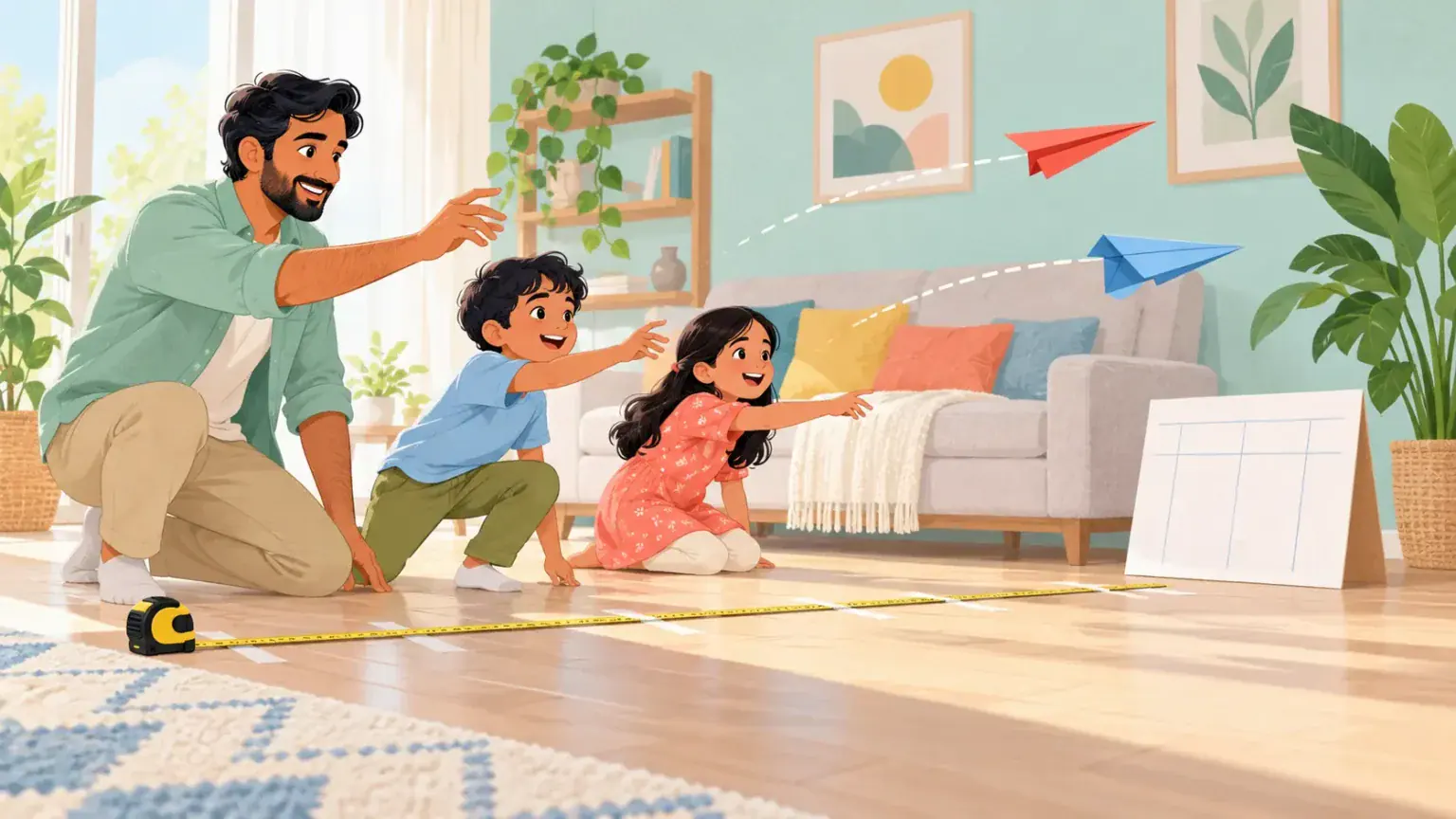 A family measures paper airplane flights along a marked indoor test lane