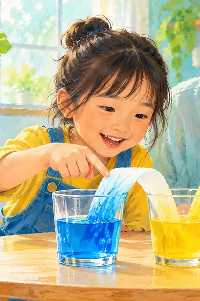 A child observes coloured water travelling between cups through paper towels