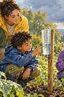 A child reads a homemade rain gauge while a caregiver records the weather