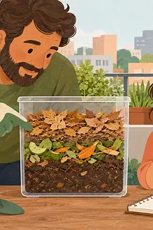 A child and caregiver observe layers in a small ventilated compost container