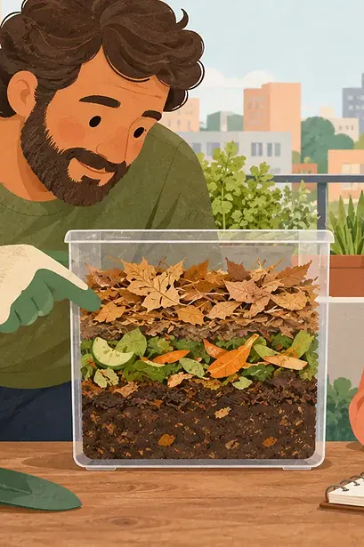 A child and caregiver observe layers in a small ventilated compost container